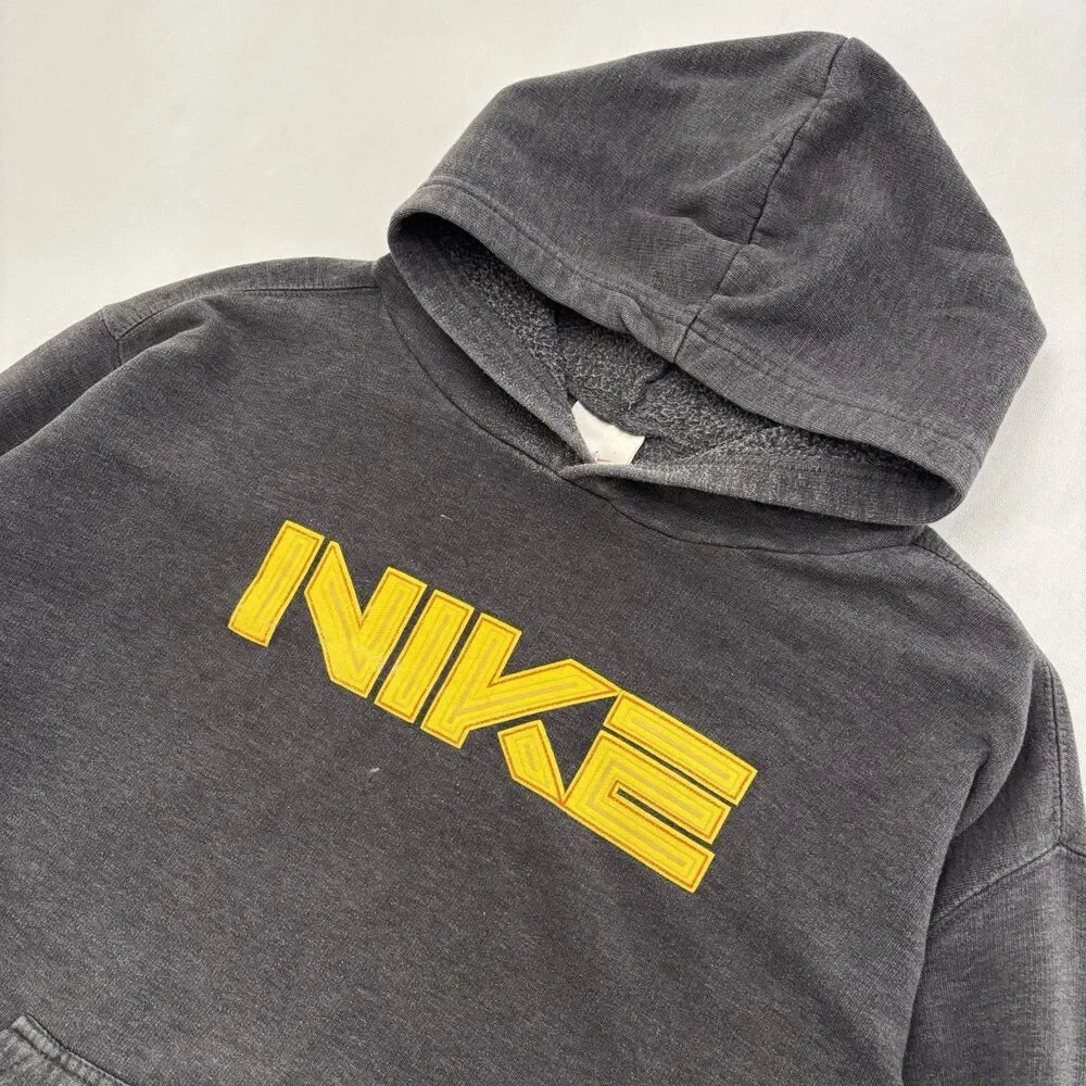 Vintage Nike XXL Gray Hoodie Big Yellow Embroidered Spell Out Logo Pullover Y2K